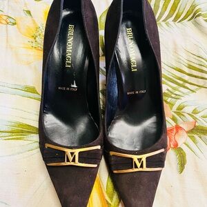 Bruno Magli Dark Brown Suede Pointed Toe Pumps with Gold M Accent